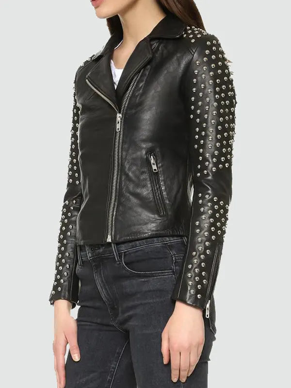 Women's Black Biker Lambskin Studded Jacket