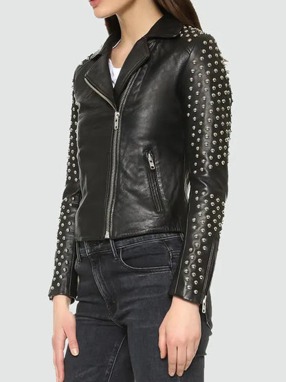 Women's Black Biker Lambskin Studded Jacket