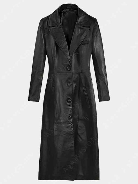 Womens Black Button Leather Trench Coat