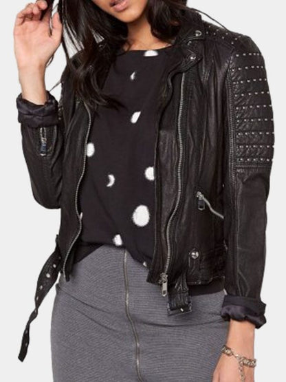Women's Black Color Biker Studded Leather Jacket