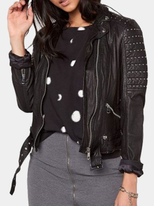 Women's Black Color Biker Studded Leather Jacket