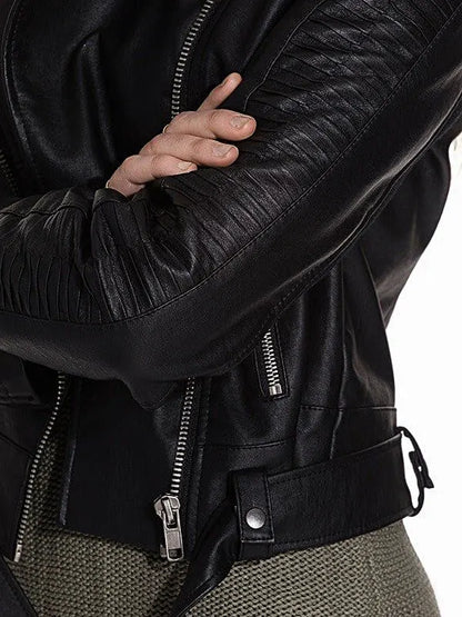 Cropped Black Leather Womens Motorcycle Jacket