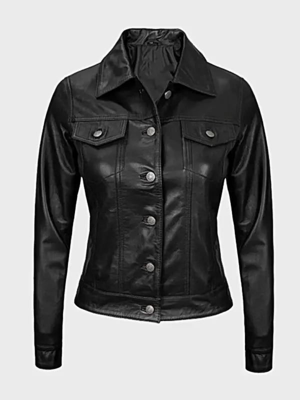 Women's Black Leather Trucker Jacket