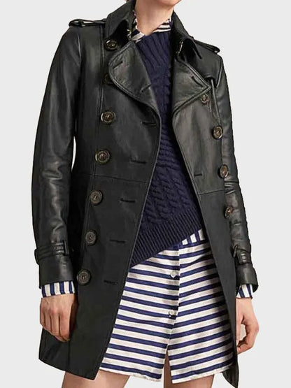 Women's Black Mid Length Leather Coat