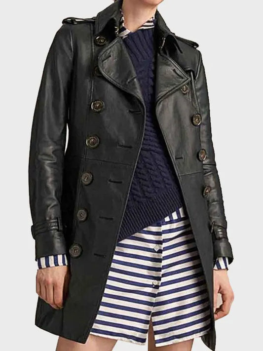 Women's Black Mid Length Leather Coat
