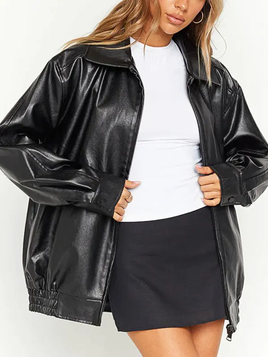Women's Black Oversized Leather Jacket