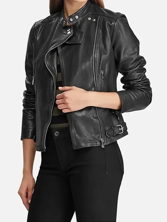 Womens Black Slim Fit Leather Biker Jacket