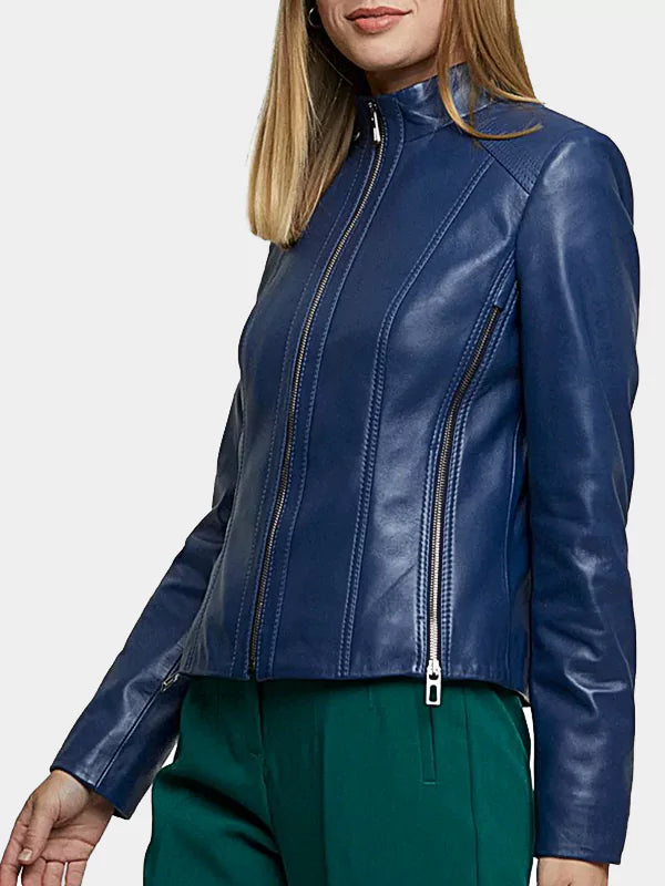 Blue Cafe Racer Biker Real Leather Jacket