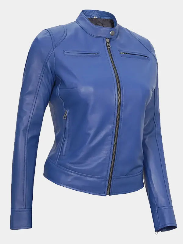 Women's Blue Cafe Racer Lambskin Leather Jacket
