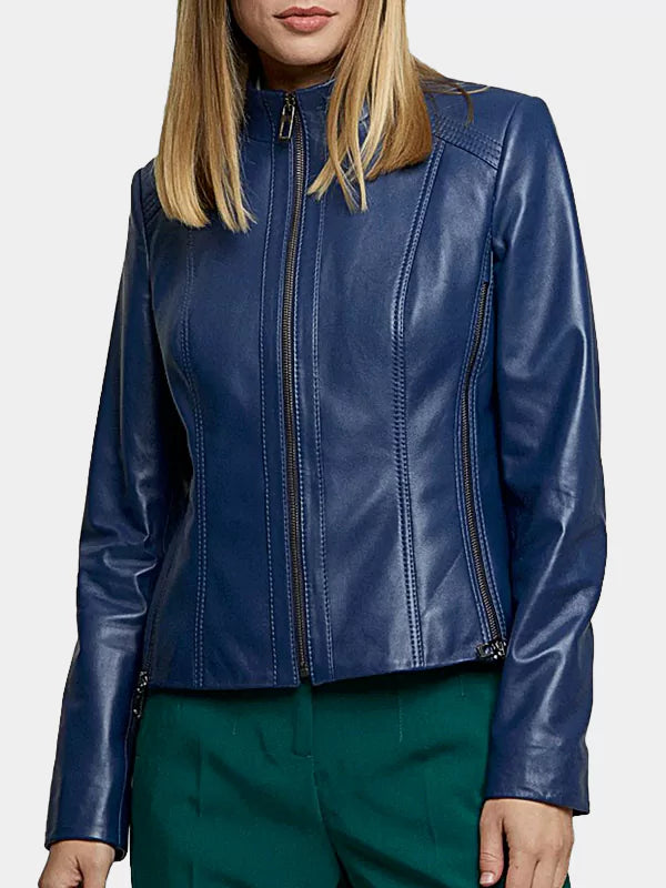 Women's Blue Cafe Racer Leather Jacket