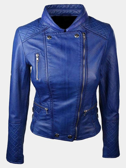 Women's Blue Color Diamond Quilted Biker Jacket