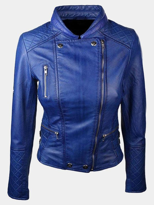 Women's Blue Color Diamond Quilted Biker Jacket