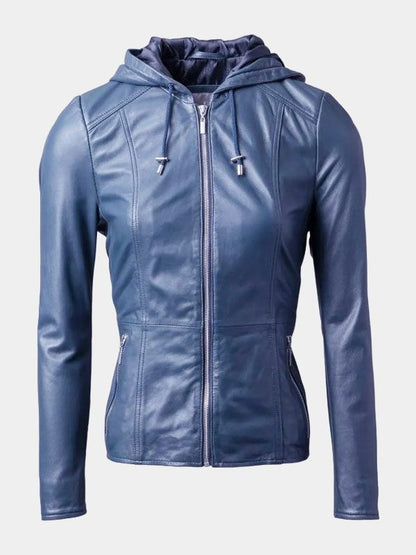 Women's Blue Leather Hooded Fashion Jacket