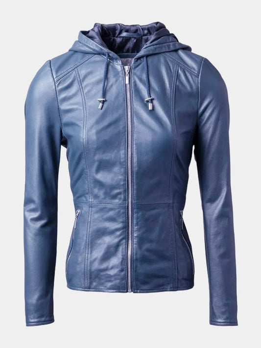 Women's Blue Leather Hooded Fashion Jacket