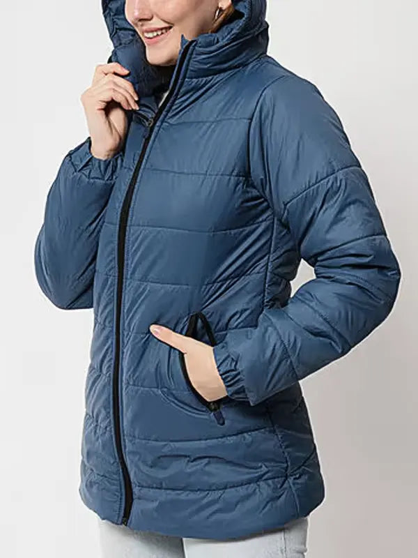 Women's Blue Puffer Winter Jacket With Hood