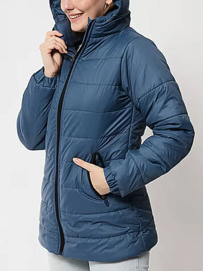 Women's Blue Puffer Winter Jacket With Hood