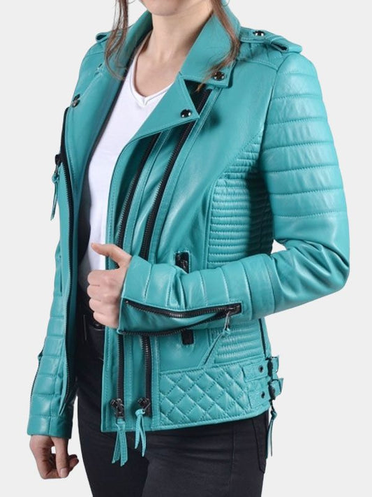 Women's Blue Quilted And Padded Motorcycle Jacket