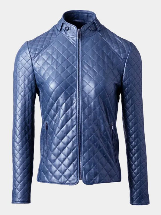Women's Blue Quilted Leather Fashion Jacket