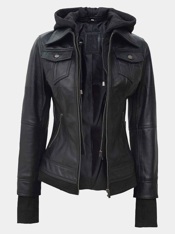 Women's Bomber Hooded Leather Jacket In Black Color