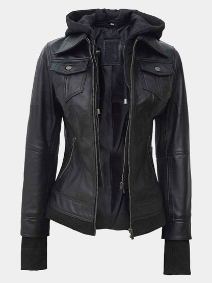 Women's Bomber Hooded Leather Jacket In Black Color