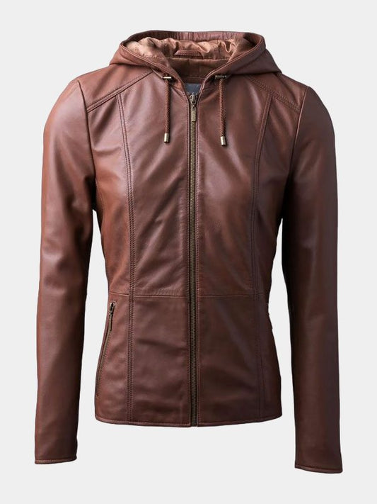 Women's Brown Leather Hooded Fashion Jacket