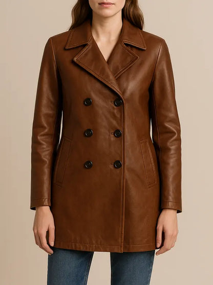 Women's Brown Leather Peacoat