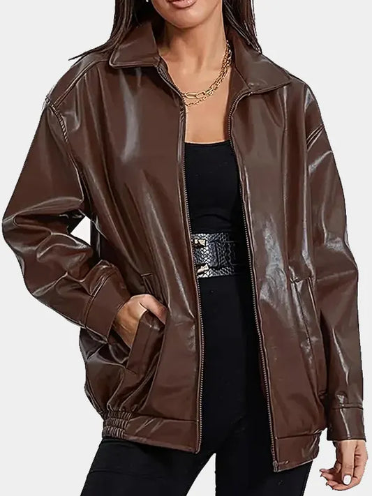 Women's Brown Oversized Real Leather Jacket