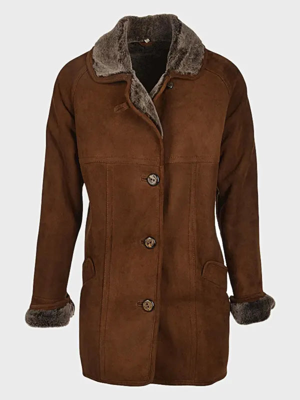 Womens Brown Shearling Lined Suede Coat