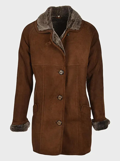 Womens Brown Shearling Lined Suede Coat
