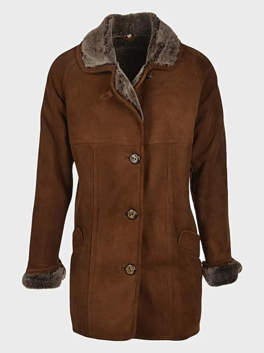 Womens Brown Shearling Lined Suede Coat