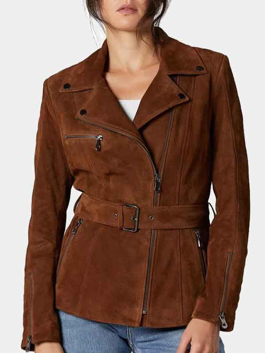 Womens Brown Suede Leather Belted Motorcycle Jacket