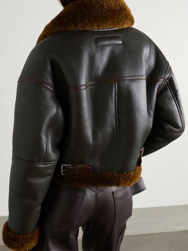 Women's Brown Textured Leather Shearling Jacket Back