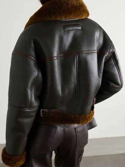 Women's Brown Textured Leather Shearling Jacket Back