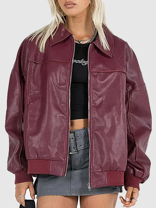 Women's Burgundy Leather Bomber Jacket