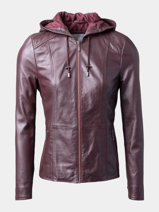 Women's Burgundy Leather Hooded Fashion Jacket