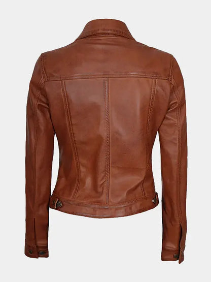Women’s Cognac Brown Trucker Leather Jacket
