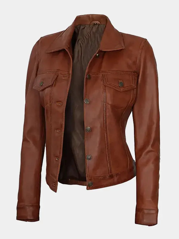 Women’s Cognac Trucker Lambskin Leather Jacket