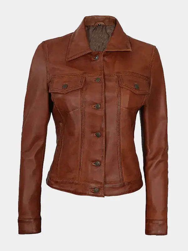 Women’s Cognac Trucker Leather Jacket
