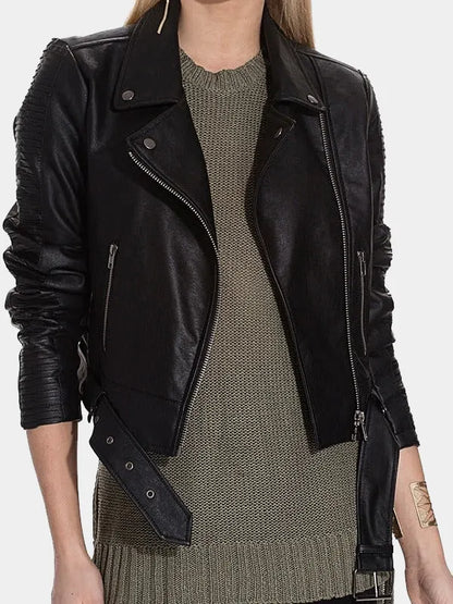 Cropped Black Leather Womens Motorcycle Jacket