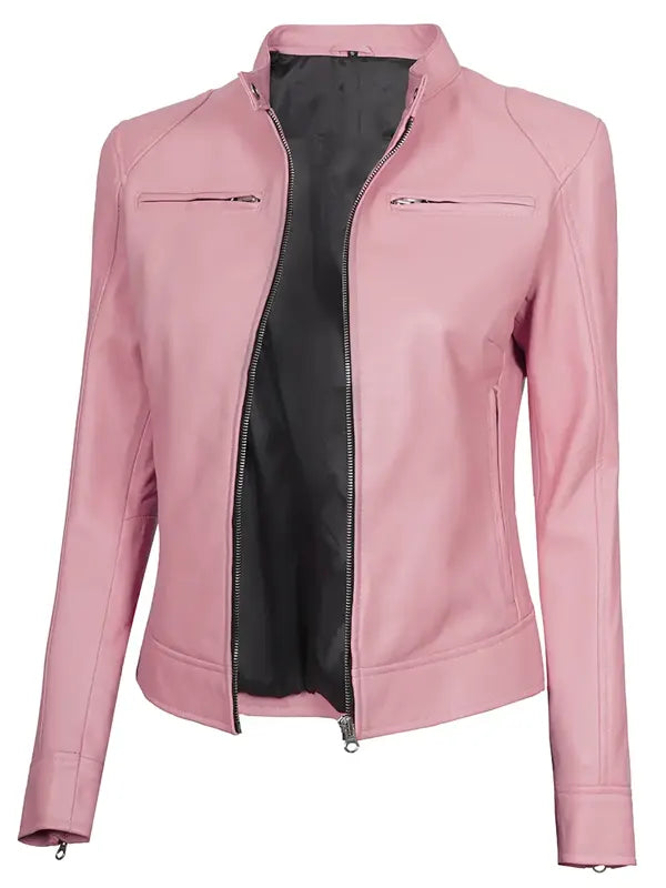 Women's Declan Pink Cafe Racer Lambskin Leather Jacket