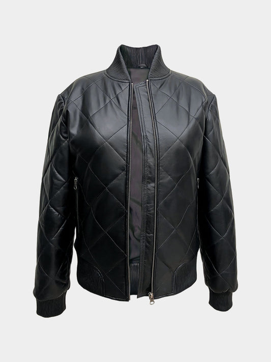Women’s Diamond Quilted Genuine Leather Bomber Jacket