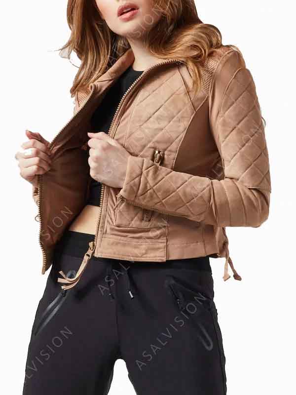 Womens Diamond Quilted Suede Leather Light Brown Jacket