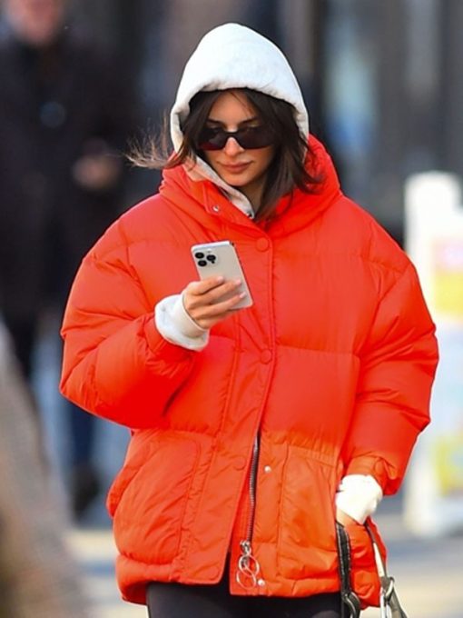Womens Emily Ratajkowski Red Puffer Jacket