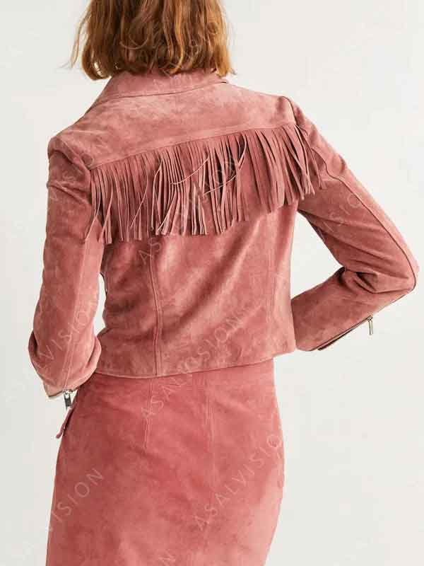 Womens Fringe Pink Suede Leather Biker Jacket
