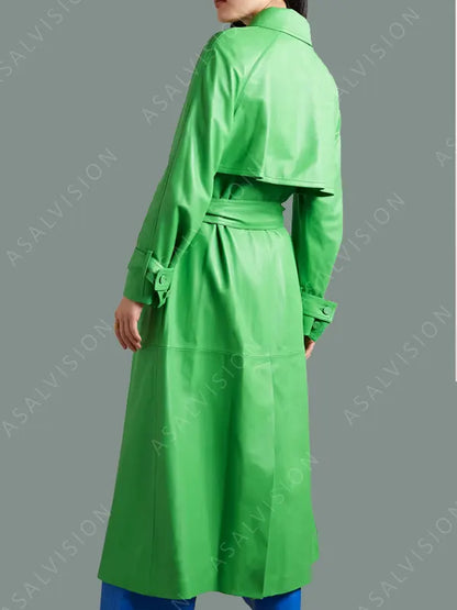 Womens Green Leather Long Belted Trench Coat