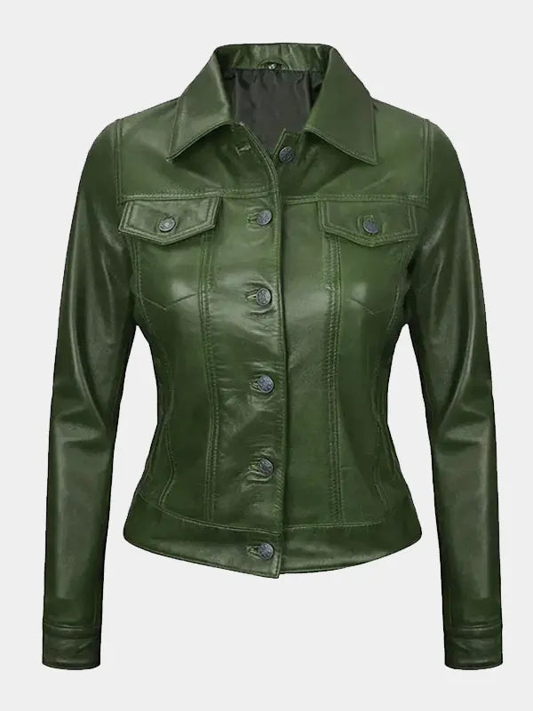Women's Green Trucker Leather Jacket