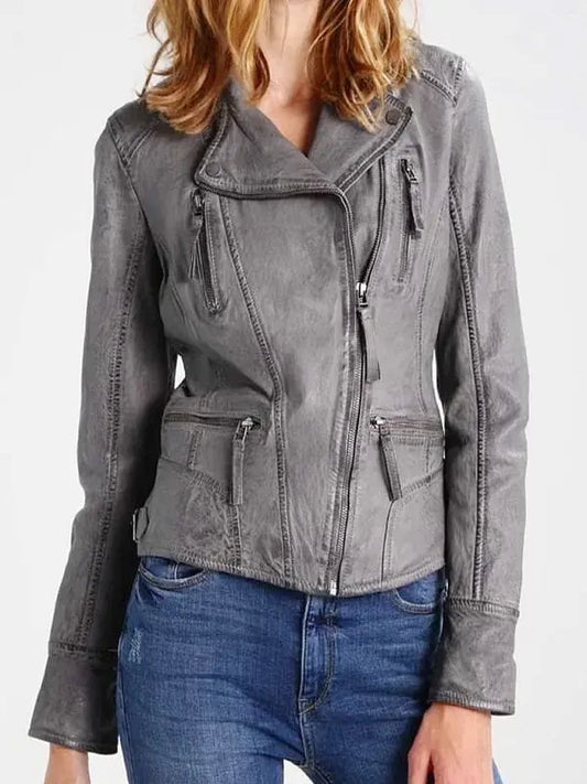 Women's Grey Biker Leather Jacket