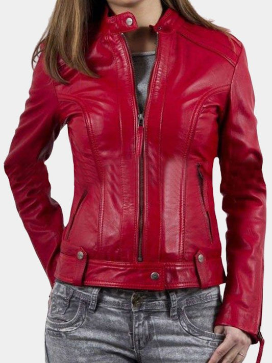 Women's Hot Red Color Biker Leather Jacket