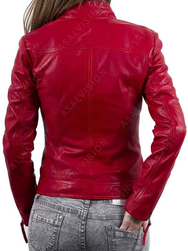Women's Hot Red Color Fitted Biker Leather Jacket