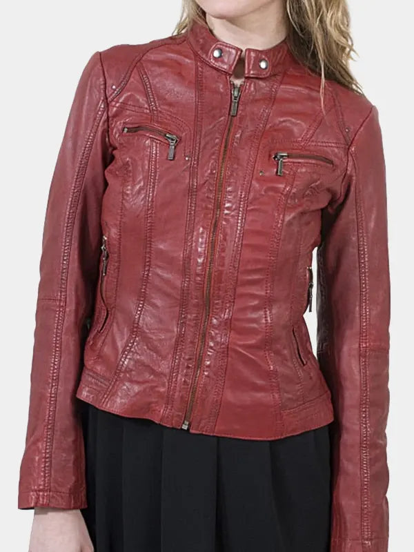 Women's Maroon Zipper Leather Jacket
